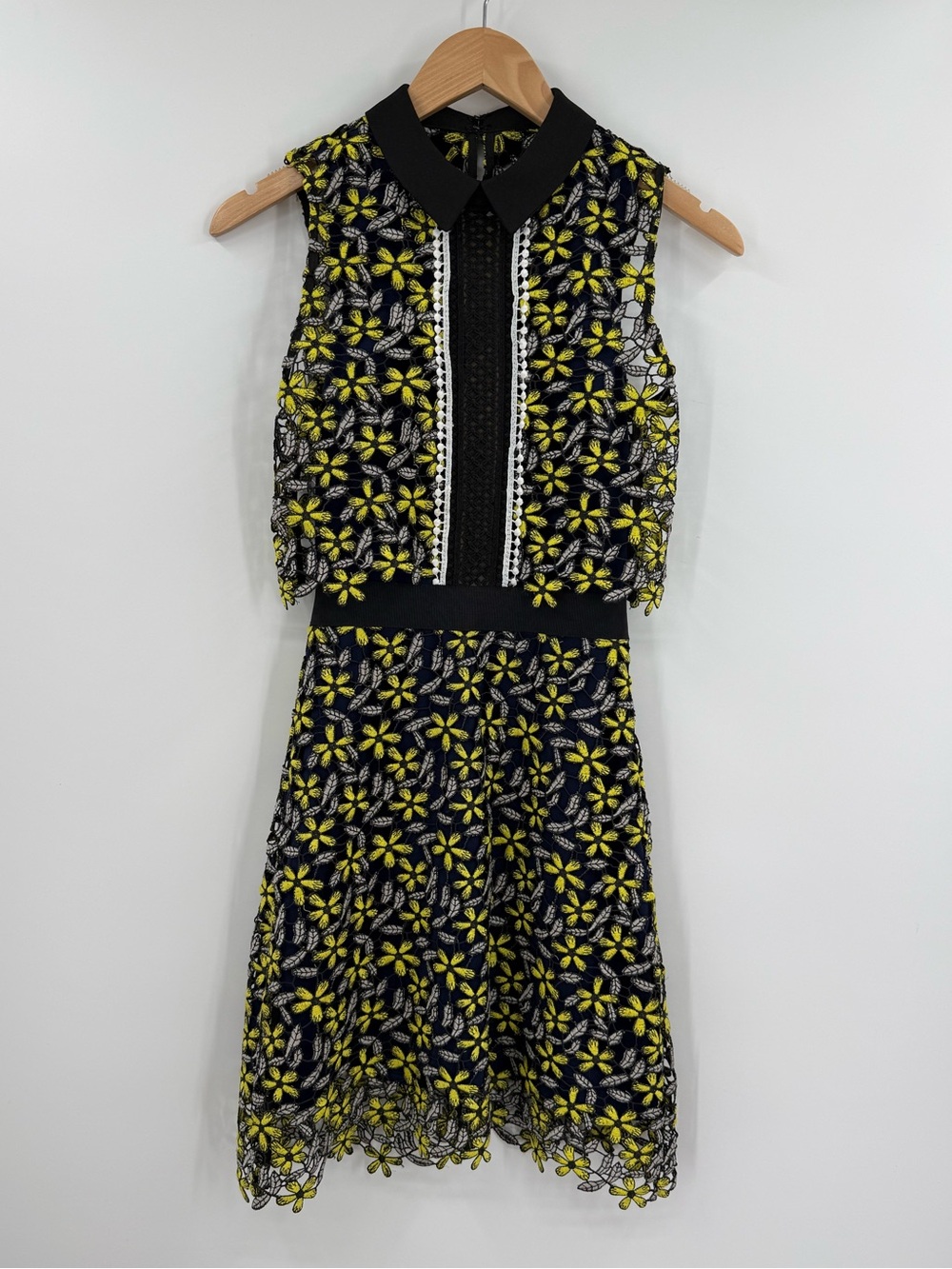 Self-Portrait Floral Guipure Lace Collared Sleeveless Dress | Navy Yellow | 0
